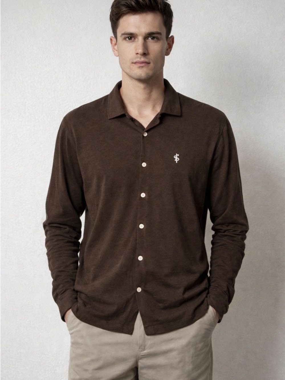 Father Sons Mens Brown Long Sleeve Cotton Button Down Shirt Slim Fit Size M